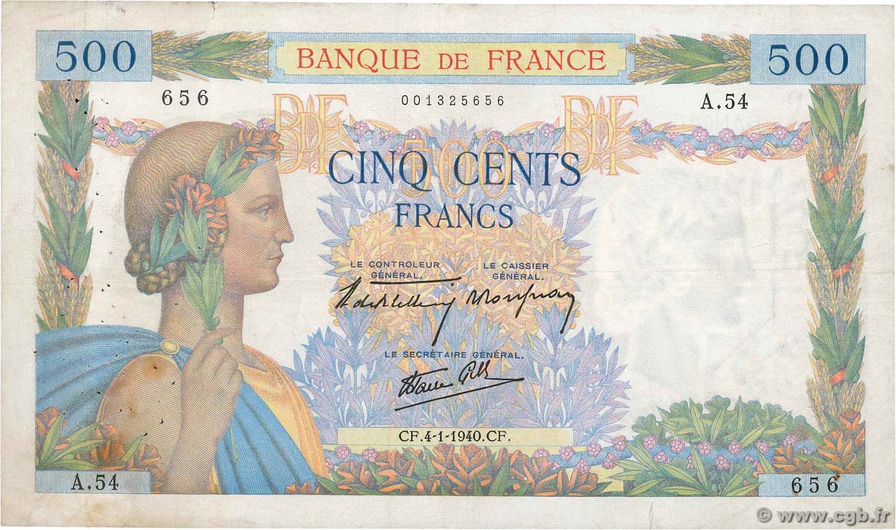 500 Francs LA PAIX FRANCE  1940 F.32.01 TB+