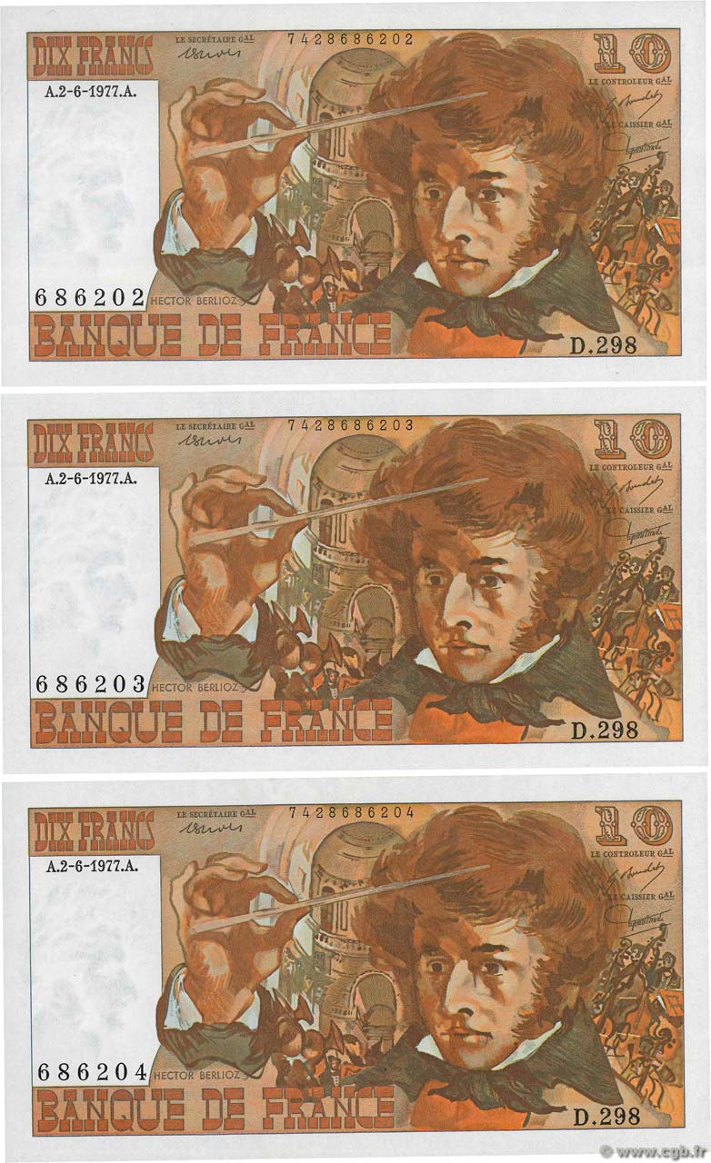 10 Francs BERLIOZ Consécutifs FRANCE  1977 F.63.22 SPL+