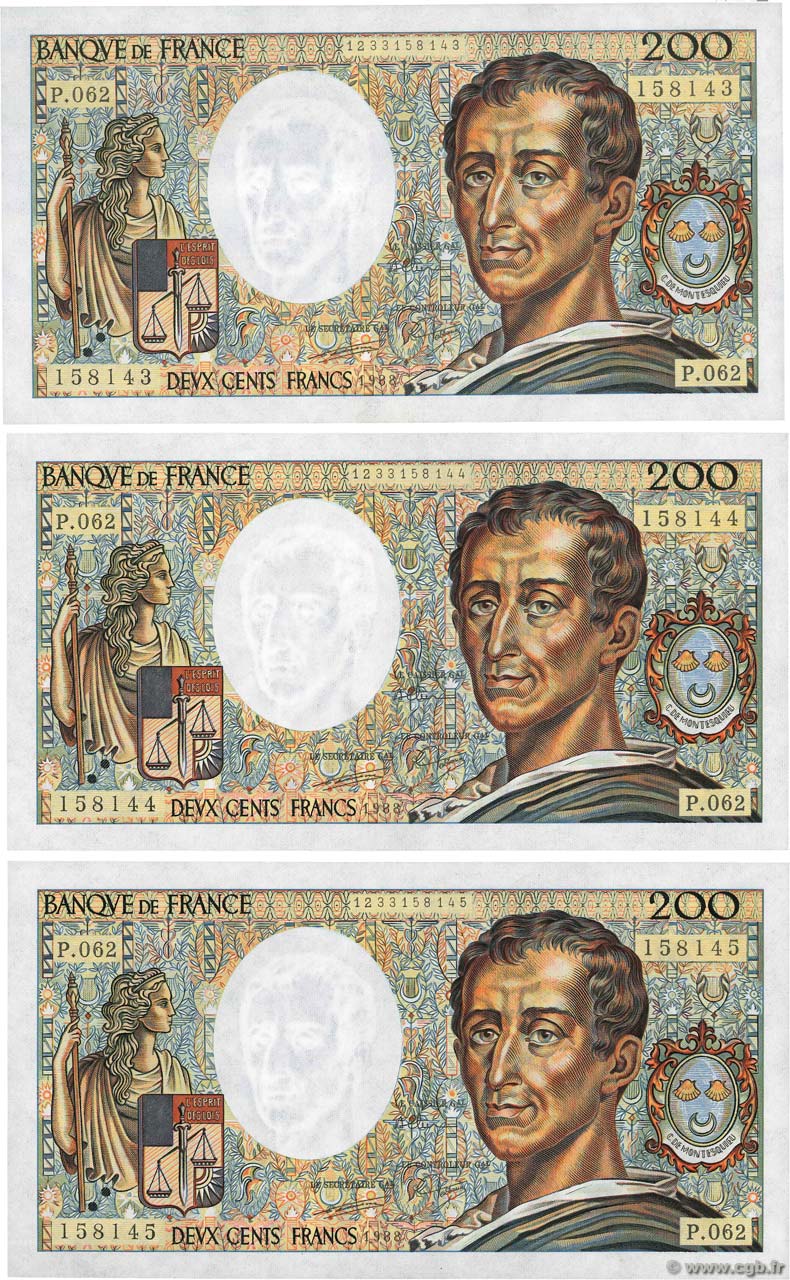 200 Francs MONTESQUIEU Consécutifs FRANCIA  1988 F.70.08 AU
