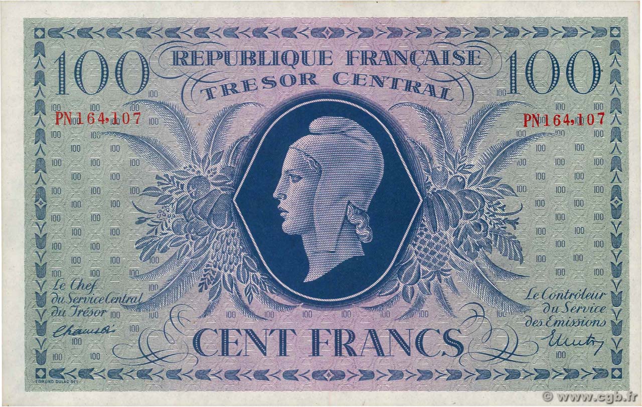 100 Francs MARIANNE FRANCE  1943 VF.06.01g UNC-