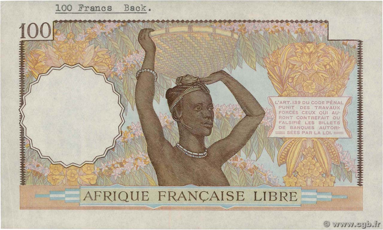 100 Francs Épreuve AFRIQUE ÉQUATORIALE FRANÇAISE Brazzaville 1941 P.08p SPL