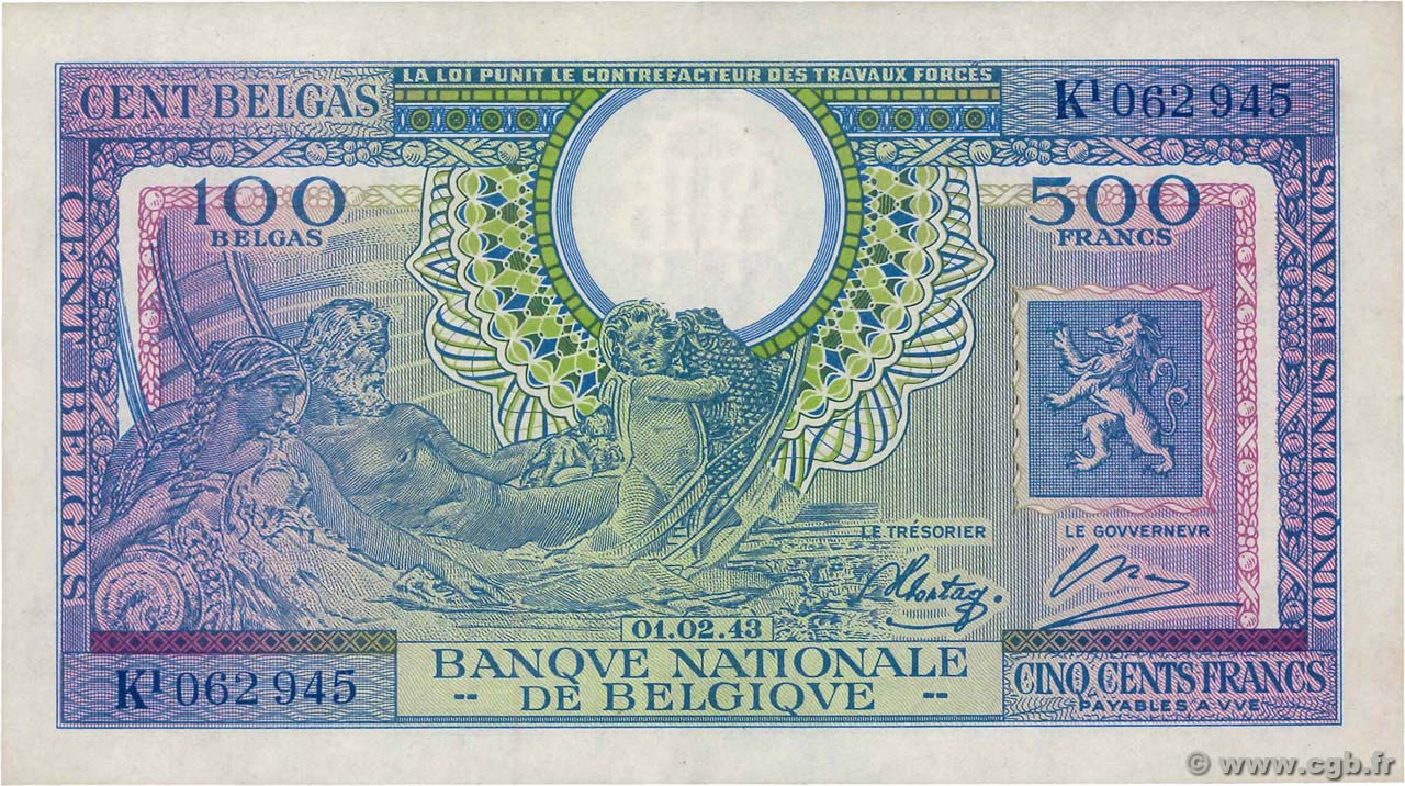 500 Francs - 100 Belgas BELGIO  1943 P.124 AU
