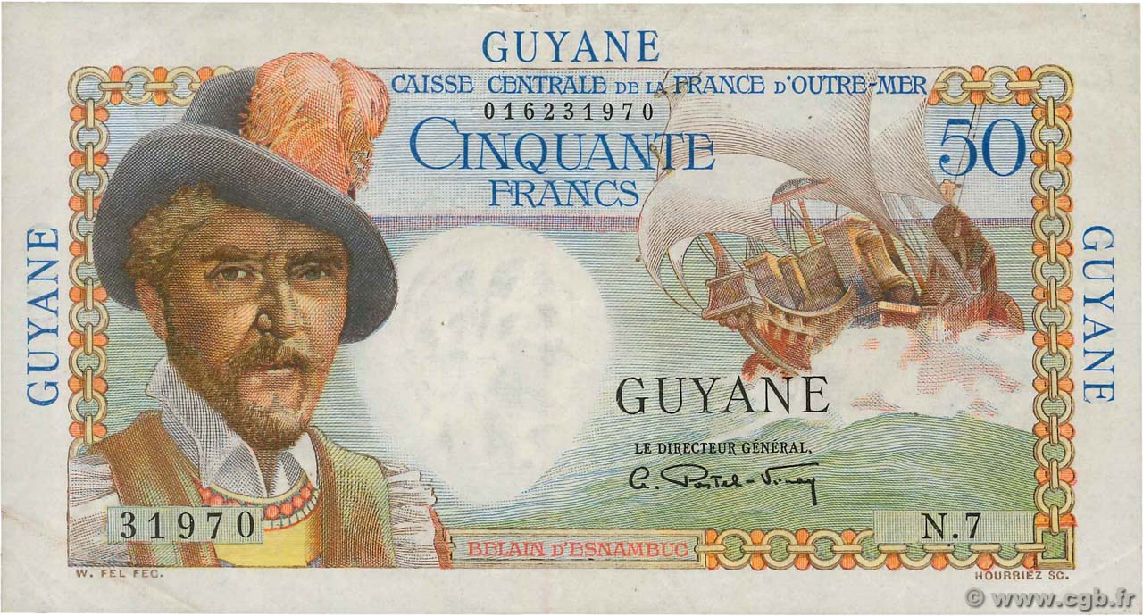 50 Francs Belain d Esnambuc FRENCH GUIANA  1946 P.22a VF+