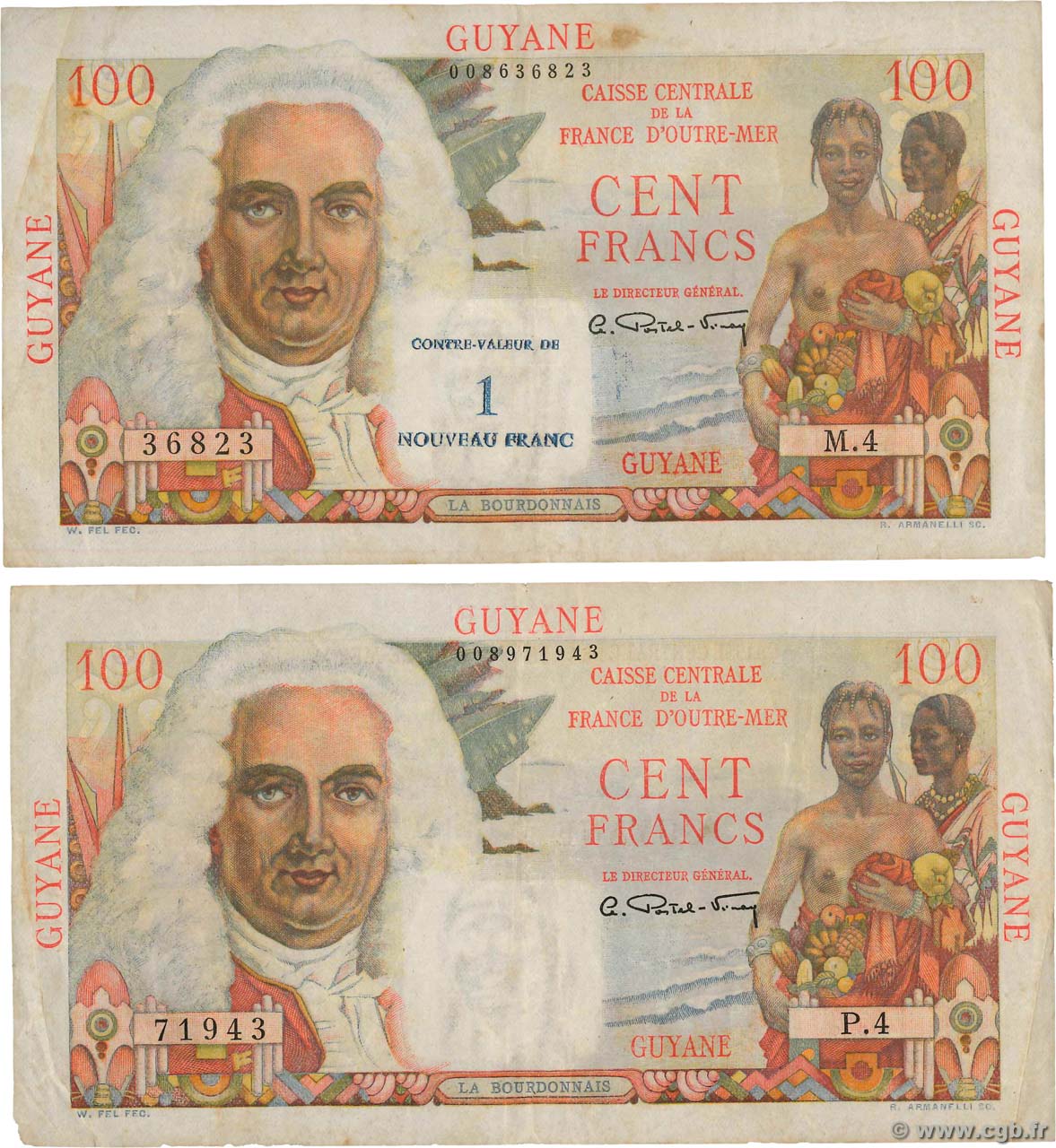 100 Francs et 1 NF sur 100 Francs La Bourdonnais Lot FRENCH GUIANA  1961 P.23 et P.29 VF-