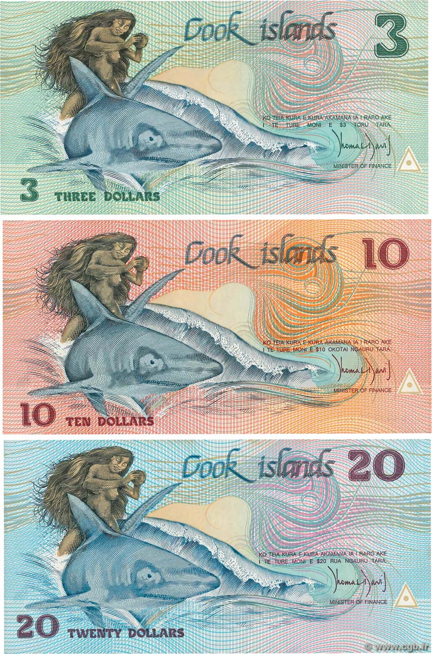 3, 10 et 20 Dollars Lot COOK ISLANDS  1987 P.03a, P.04a et P.05a UNC-