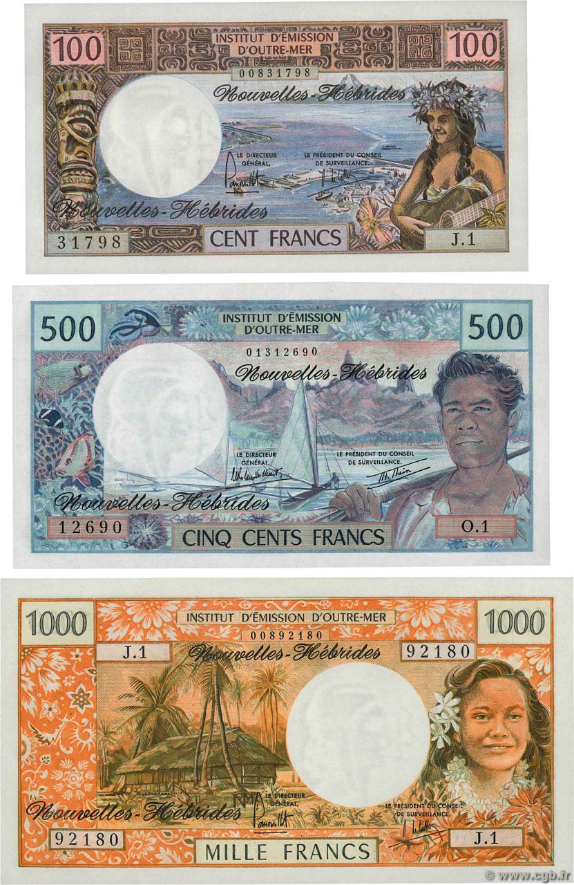 100, 500 et 1000 Francs Lot NUEVAS HÉBRIDAS  1980 P.18c, P.19c et P.20b FDC