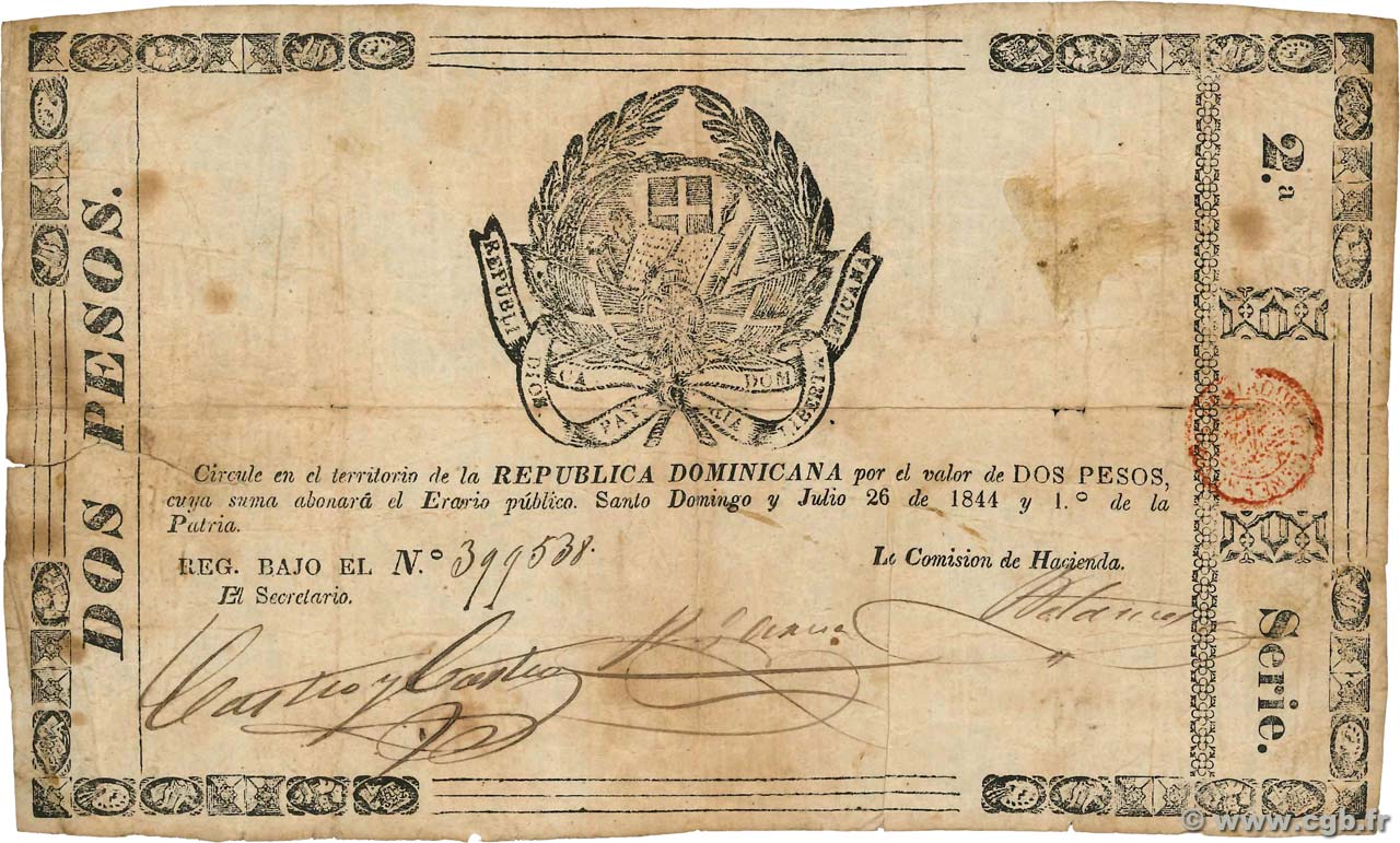 2 Pesos DOMINICAN REPUBLIC  1844 P.--  VG