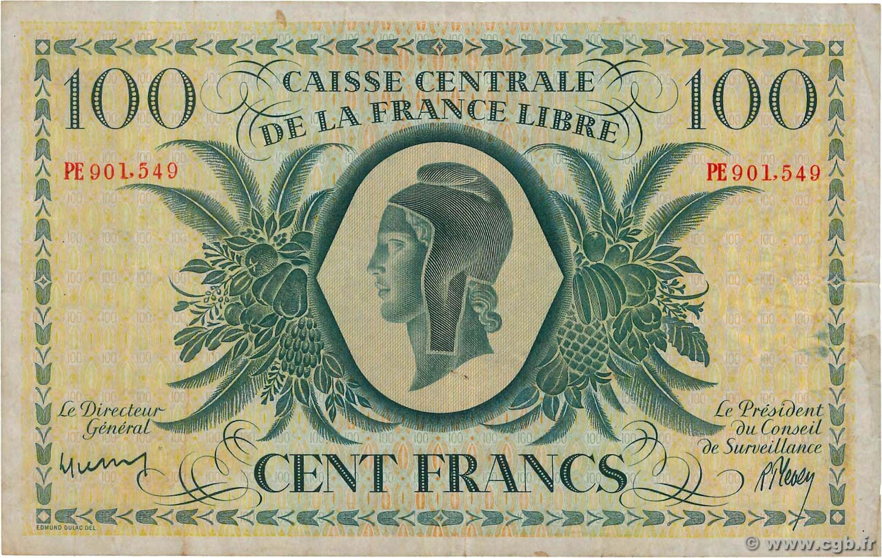 100 Francs REUNION  1945 P.37c VF-