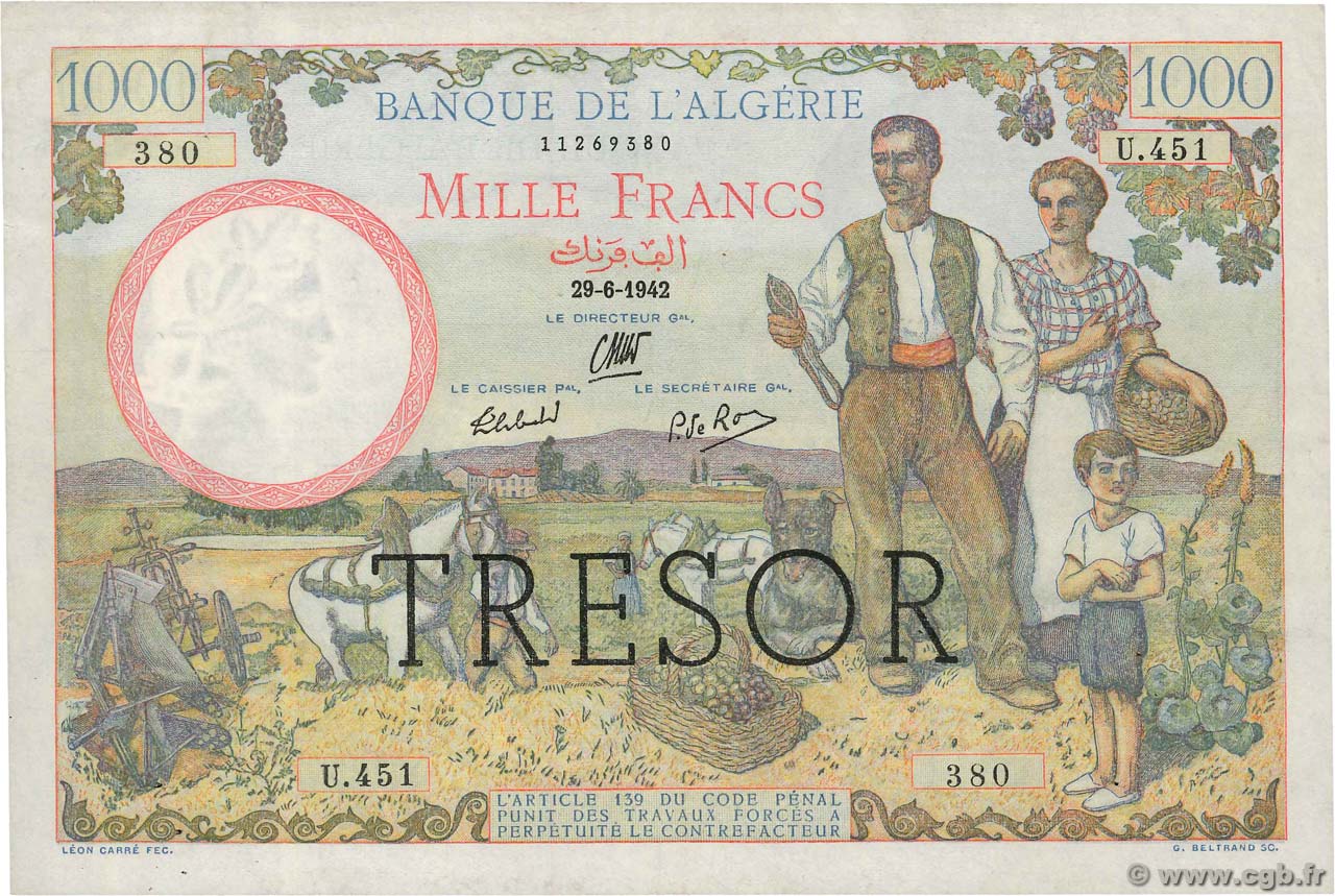 1000 Francs ALGÉRIE FRANKREICH  1942 VF.10.01 VZ