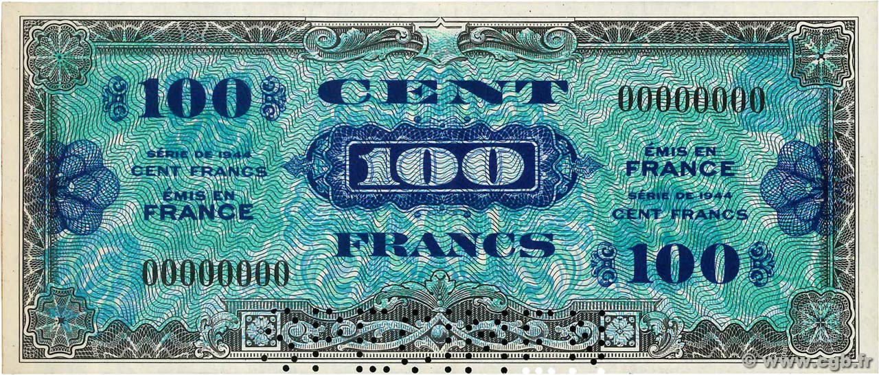100 Francs DRAPEAU Spécimen FRANKREICH  1944 VF.20.00Sp fST+