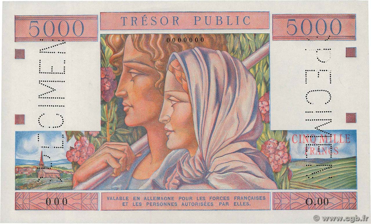 5000 Francs TRÉSOR PUBLIC Épreuve FRANKREICH  1955 VF.36.00Ec fST+