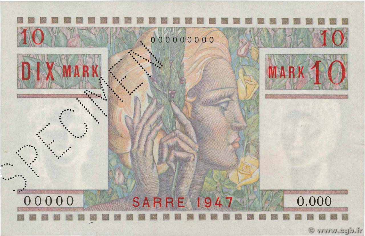 10 Mark SARRE Spécimen FRANKREICH  1947 VF.47.00Sp fST+