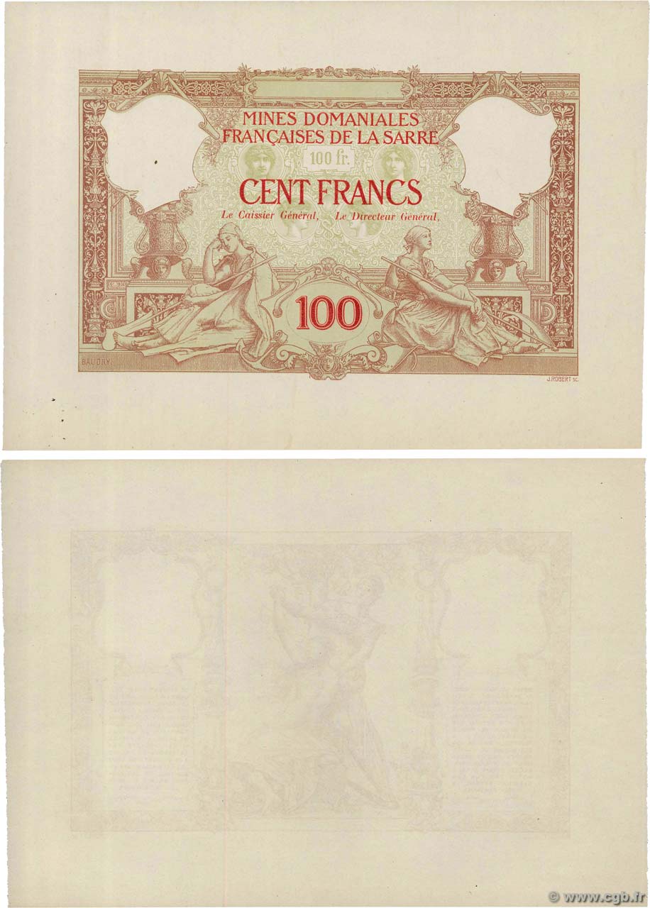 100 Francs MINES DOMANIALES DE LA SARRE Épreuve FRANKREICH  1919 VF.55.00Ed ST