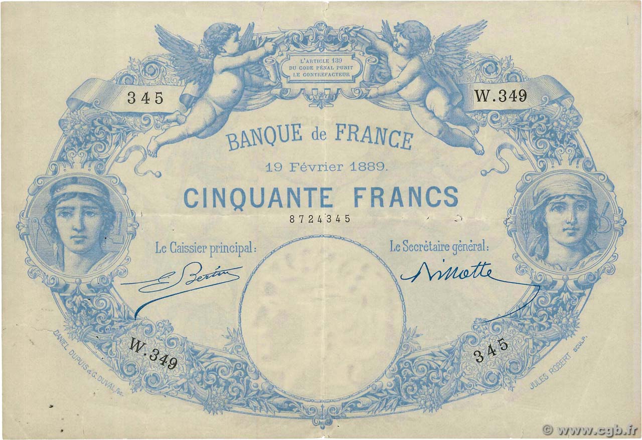 50 Francs type 1884 Indices Noirs FRANCE  1889 F.A47.05 VF+