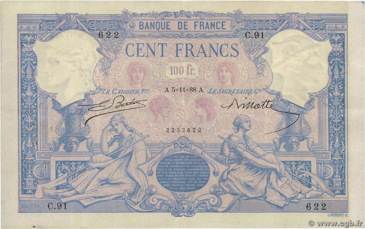 100 Francs BLEU ET ROSE FRANCE  1888 F.21.01 VF