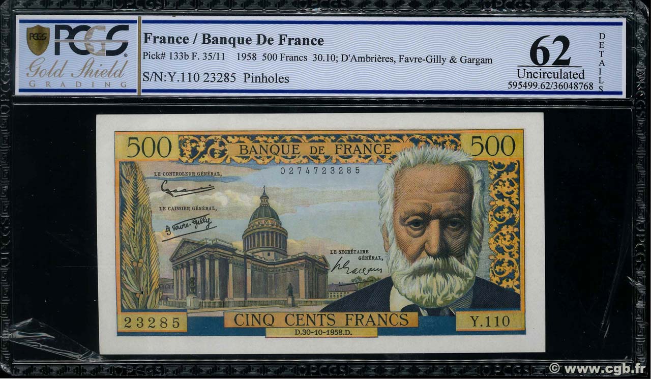 500 Francs VICTOR HUGO FRANCIA  1958 F.35.11 q.AU