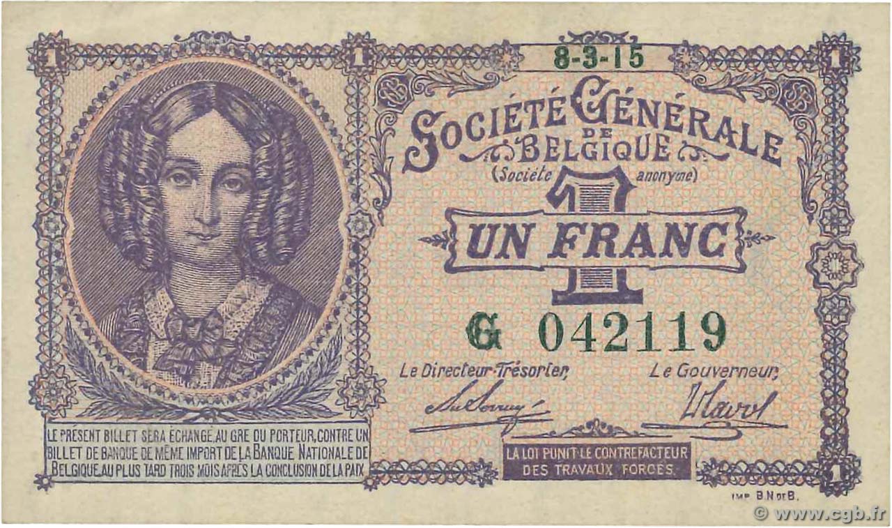 1 Franc BELGIEN  1915 P.086a fST+