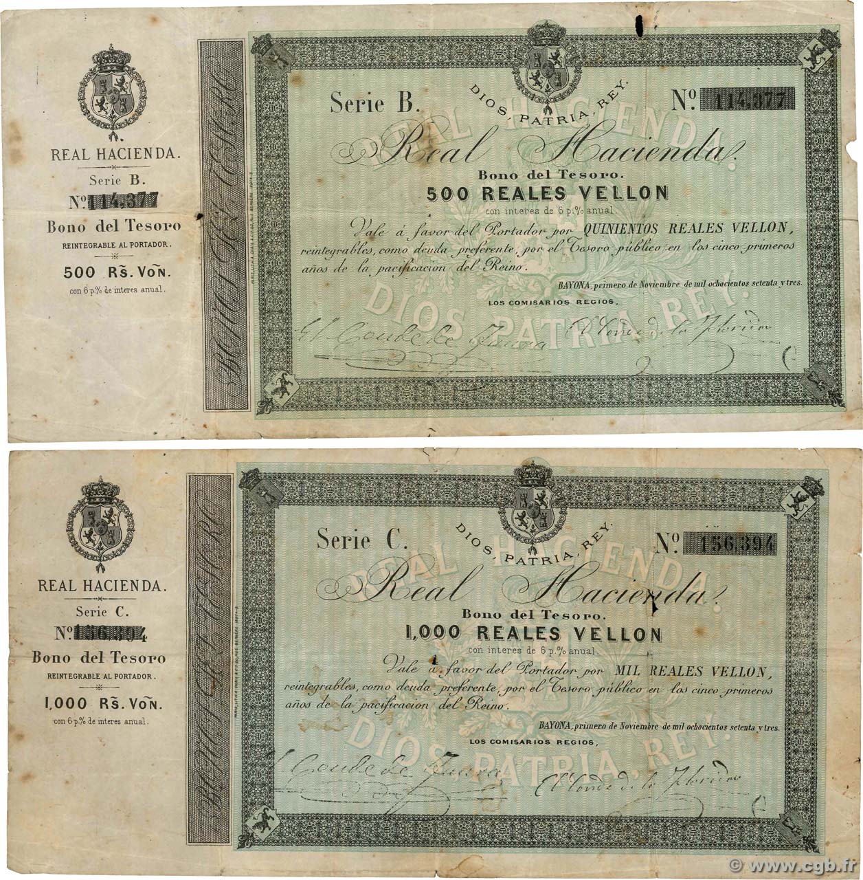 500 et 1000 Reales Vellon Lot ESPAGNE Bayona 1873 P.- TB
