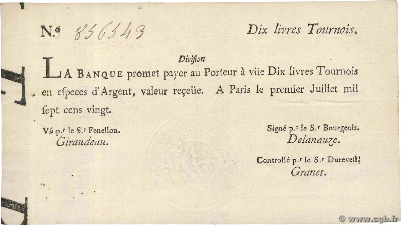 10 Livres Tournois typographié FRANCE  1720 Dor.22c VF+