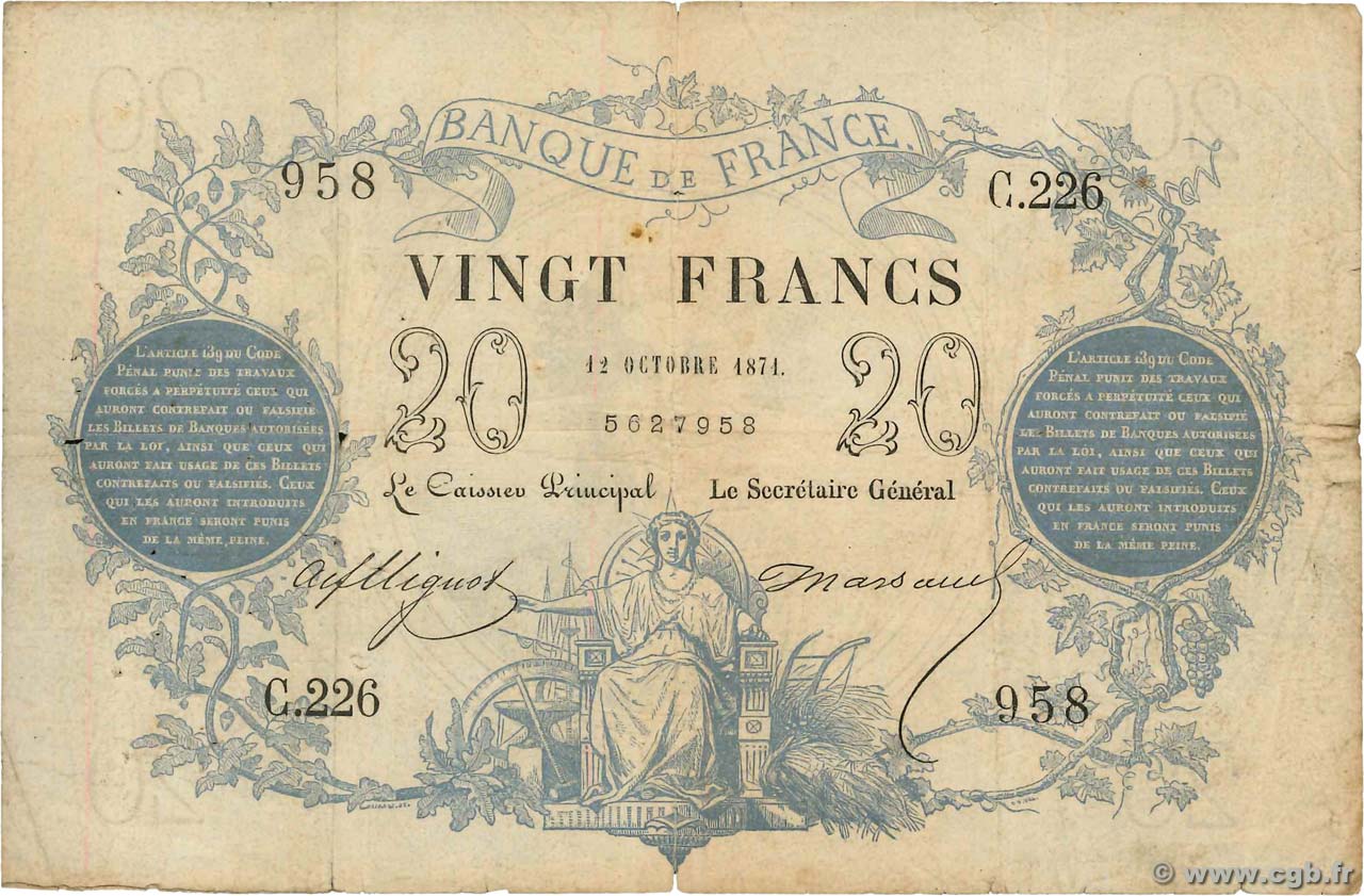 20 Francs type 1871 FRANCIA  1871 F.A46.02 q.MB