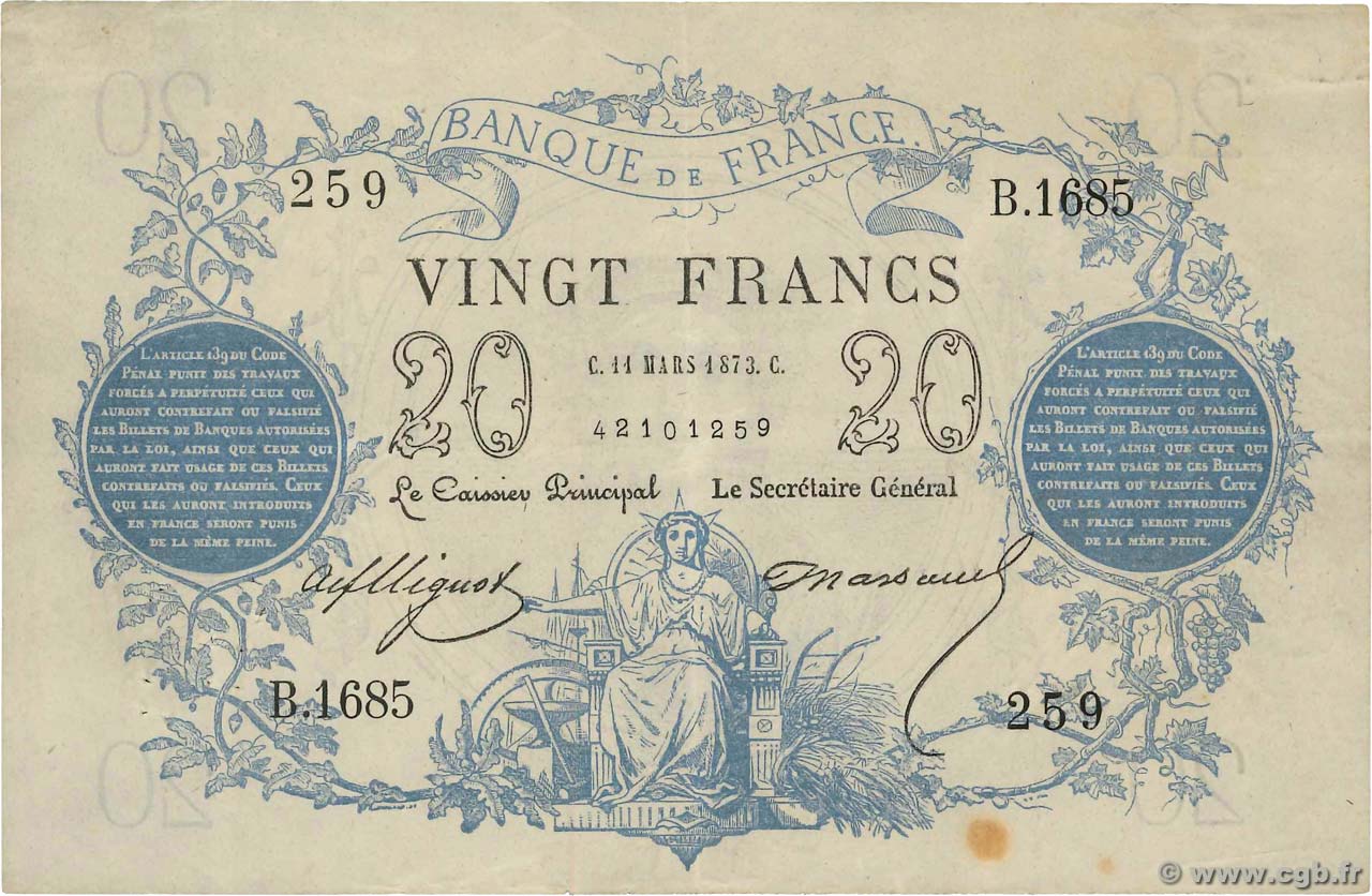 20 Francs type 1871 FRANKREICH  1873 F.A46.04 SS