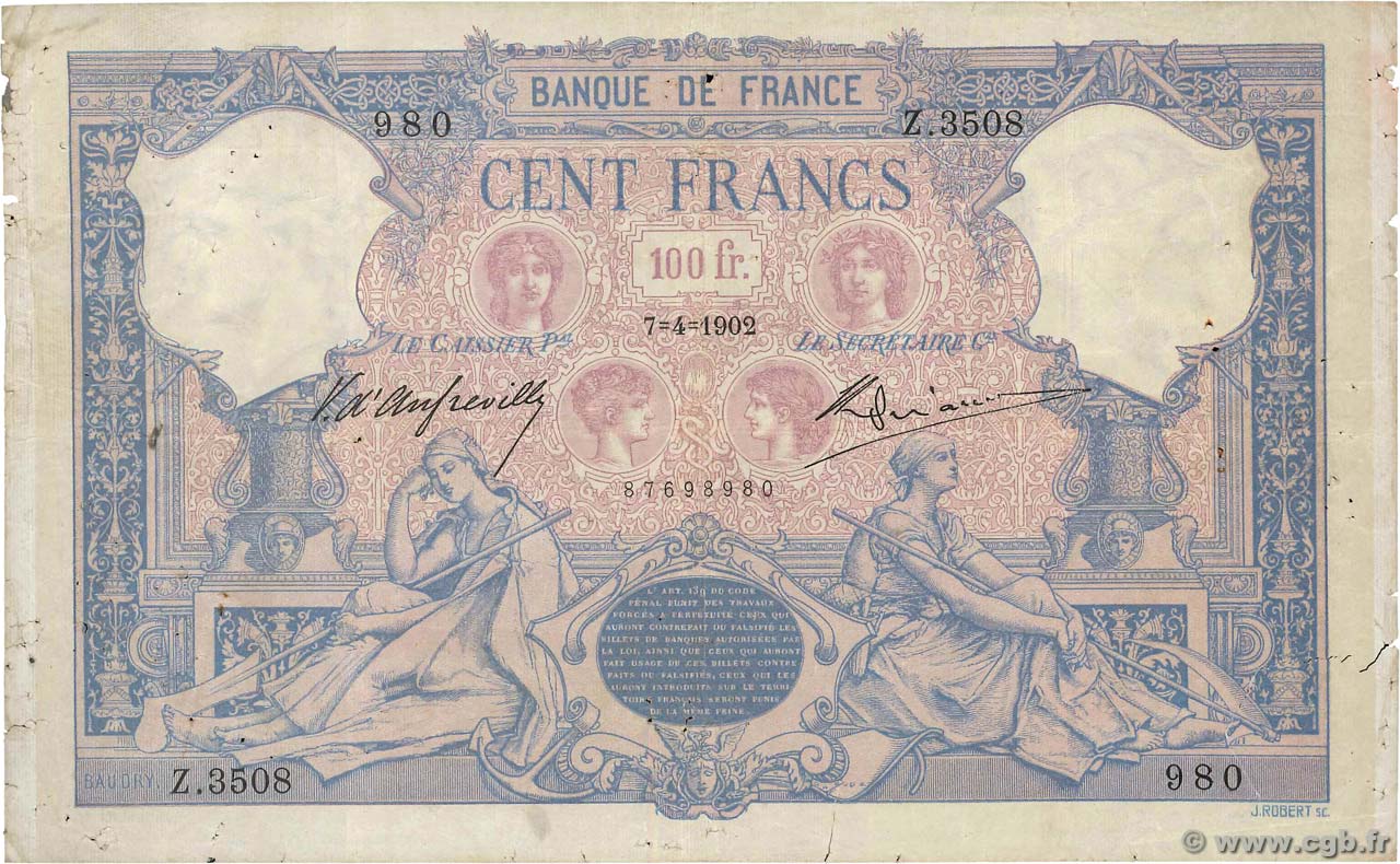 100 Francs BLEU ET ROSE FRANCE  1902 F.21.16 F-