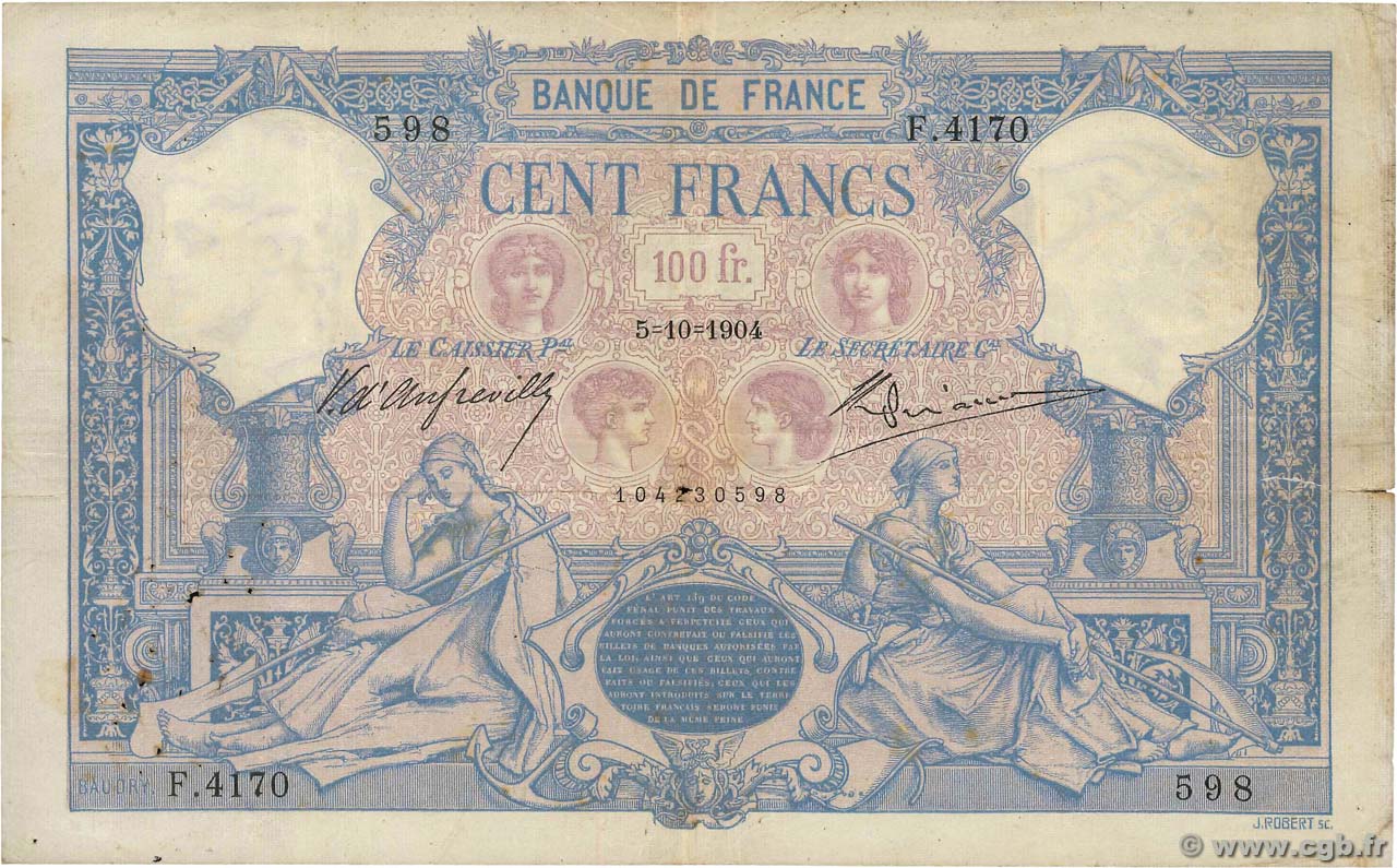 100 Francs BLEU ET ROSE FRANCE  1904 F.21.18 F