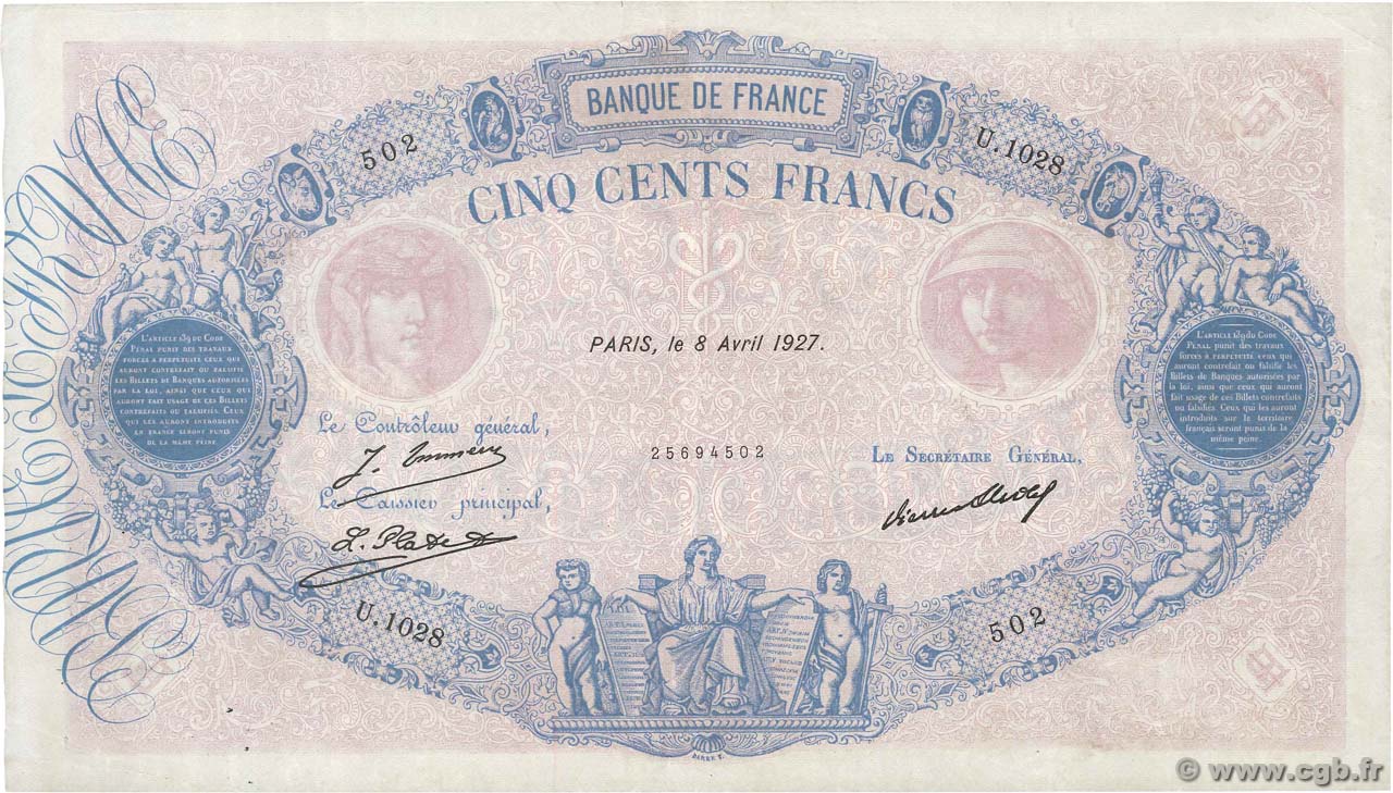 500 Francs BLEU ET ROSE FRANCIA  1927 F.30.30 MBC