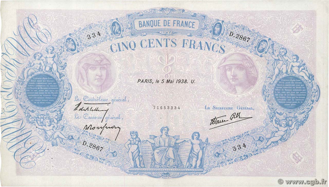 500 Francs BLEU ET ROSE modifié FRANCE  1938 F.31.10 VF+