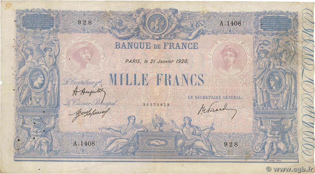 1000 Francs BLEU ET ROSE FRANCIA  1920 F.36.35 MB