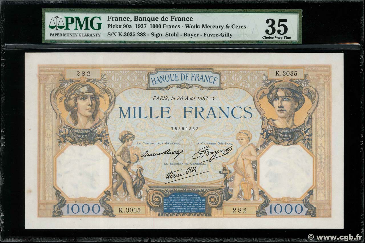 1000 Francs CÉRÈS ET MERCURE type modifié FRANCIA  1937 F.38.03 MBC