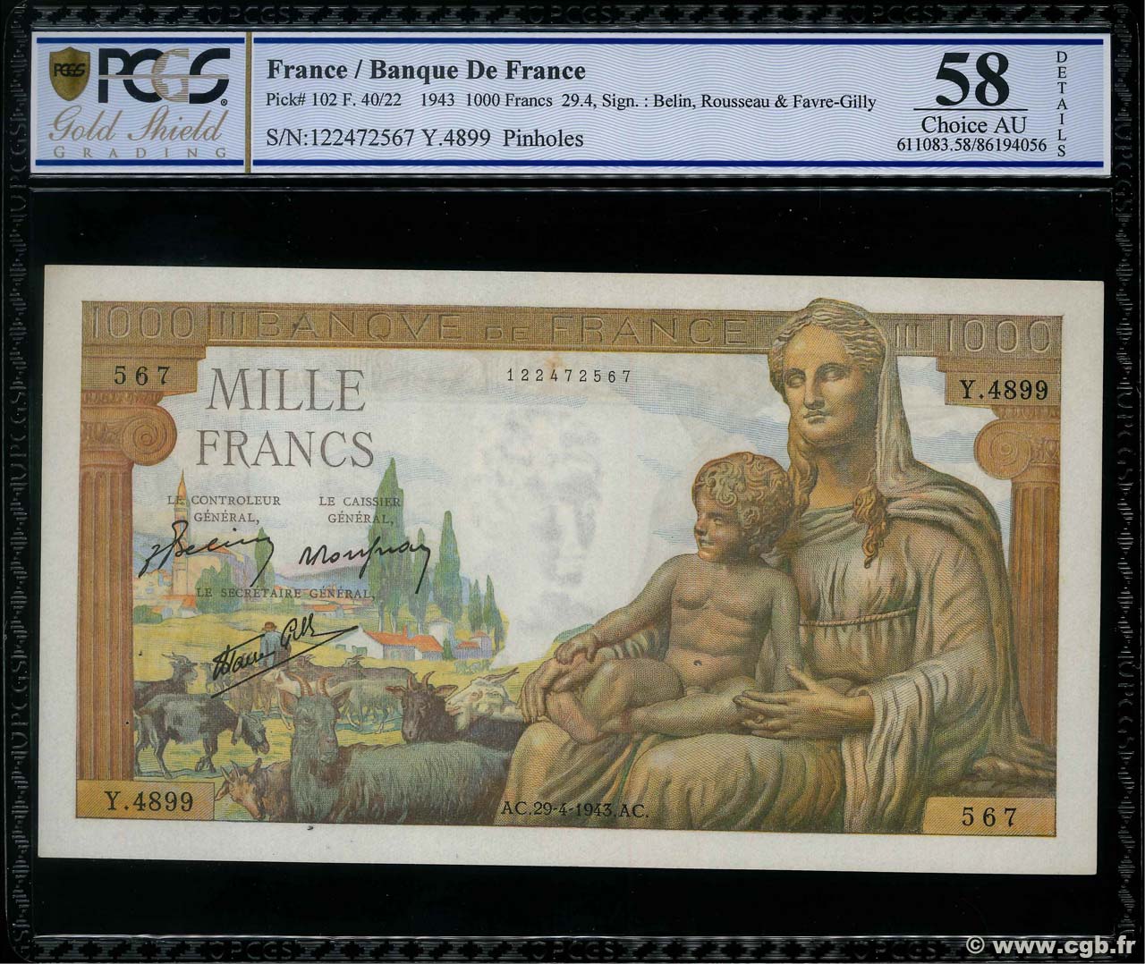 1000 Francs DÉESSE DÉMÉTER FRANCE  1943 F.40.22 XF+
