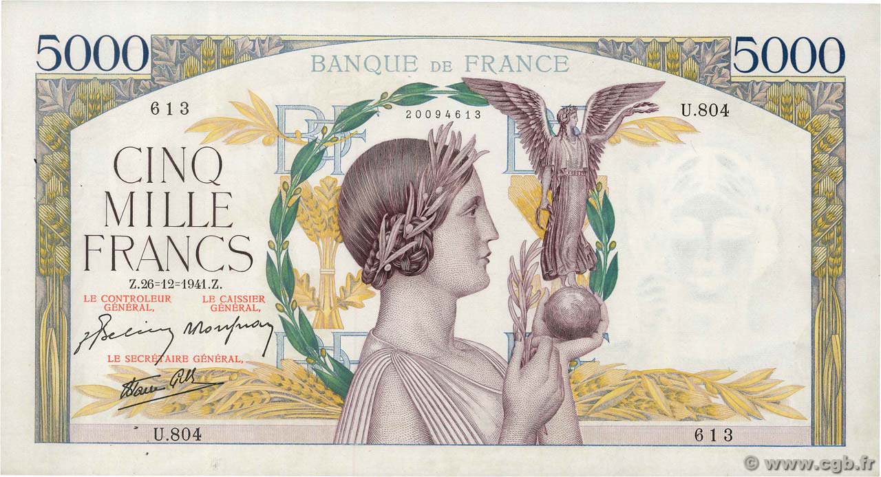 5000 Francs VICTOIRE Impression à plat FRANKREICH  1941 F.46.31 VZ+
