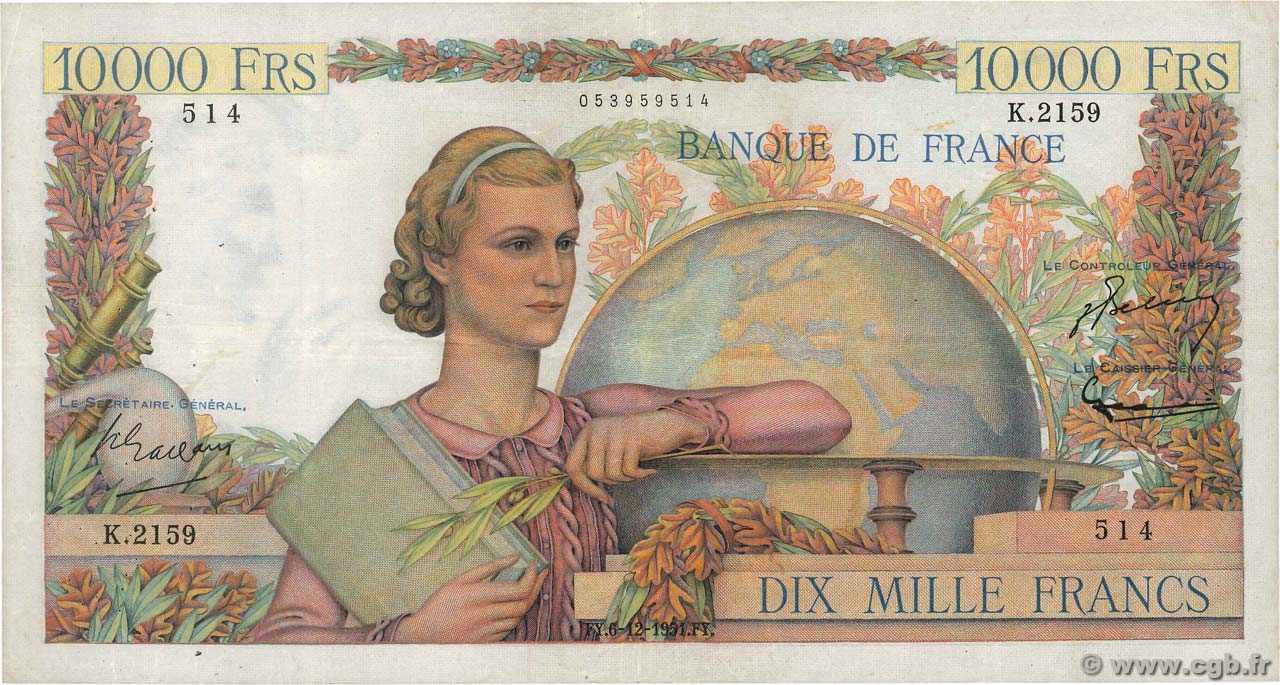 10000 Francs GÉNIE FRANÇAIS FRANKREICH  1951 F.50.55 fSS