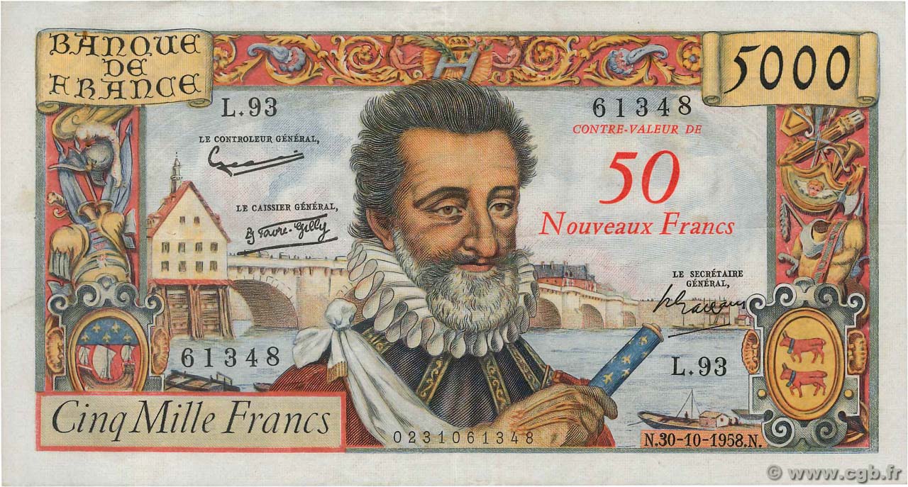 50 NF sur 5000 Francs HENRI IV FRANKREICH  1958 F.54.01 SS