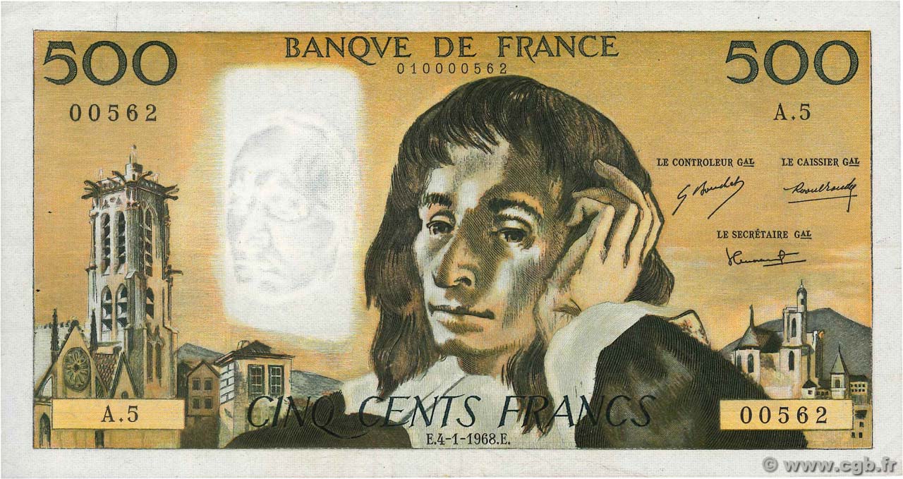 500 Francs PASCAL FRANCE  1968 F.71.01 TTB