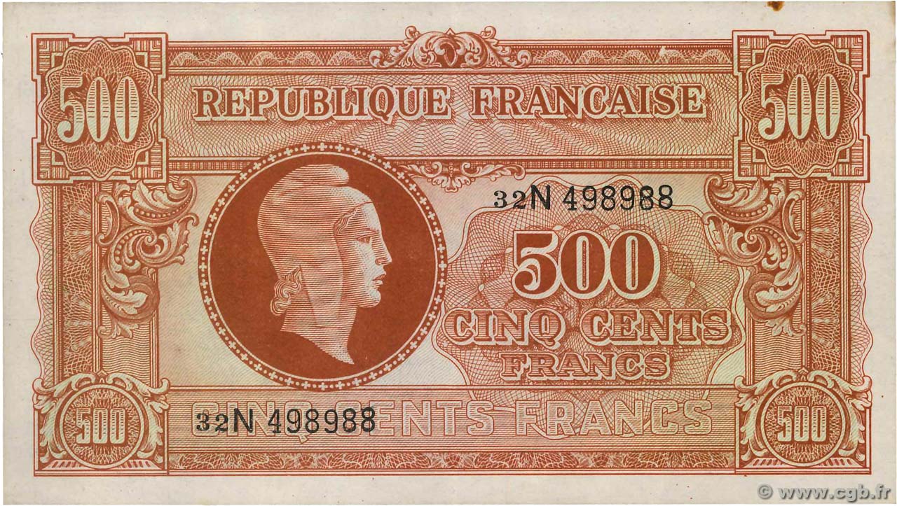 500 Francs MARIANNE fabrication anglaise FRANCE  1945 VF.11.03 TTB