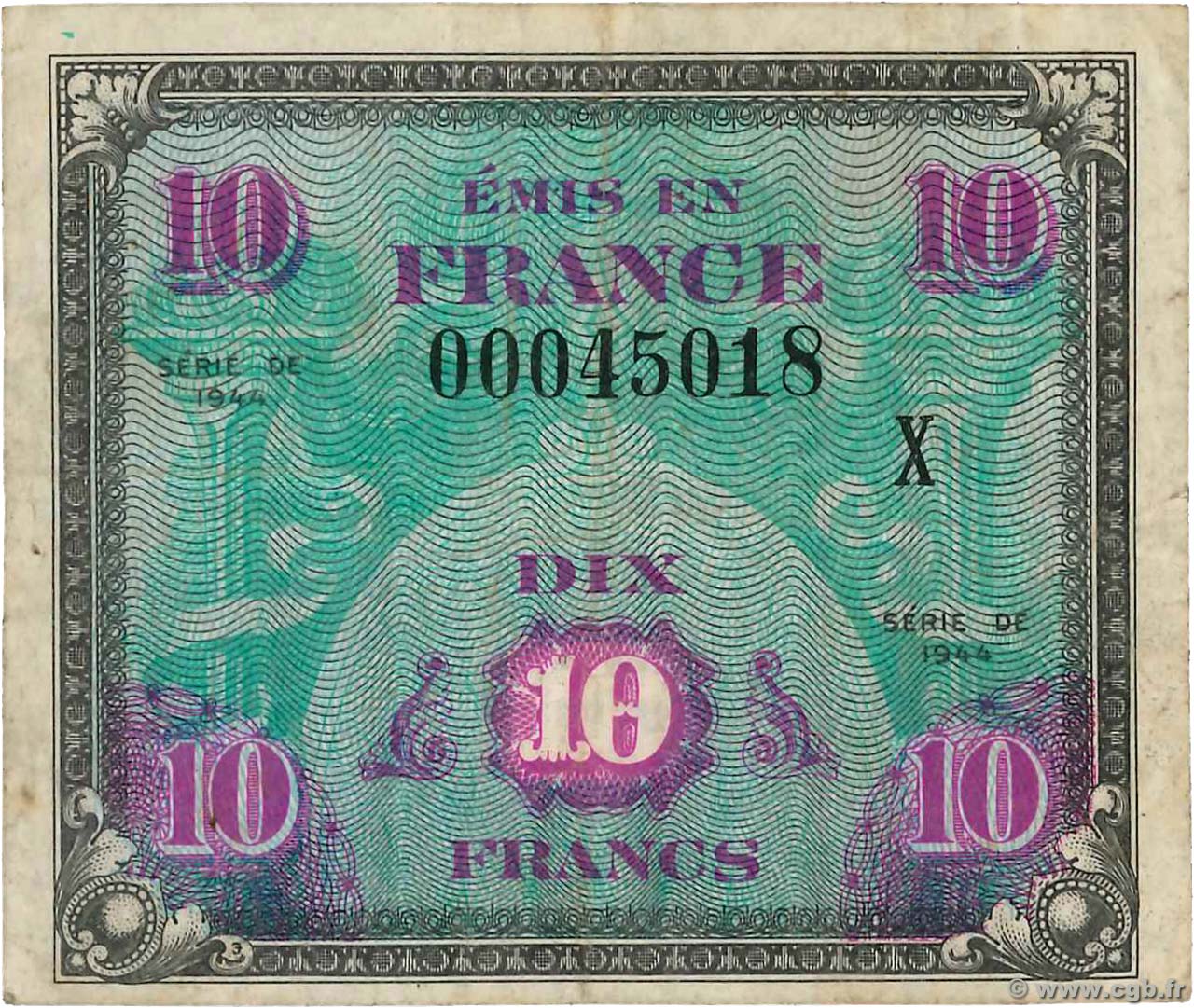 10 Francs DRAPEAU Petit numéro FRANCE  1944 VF.18.02 F