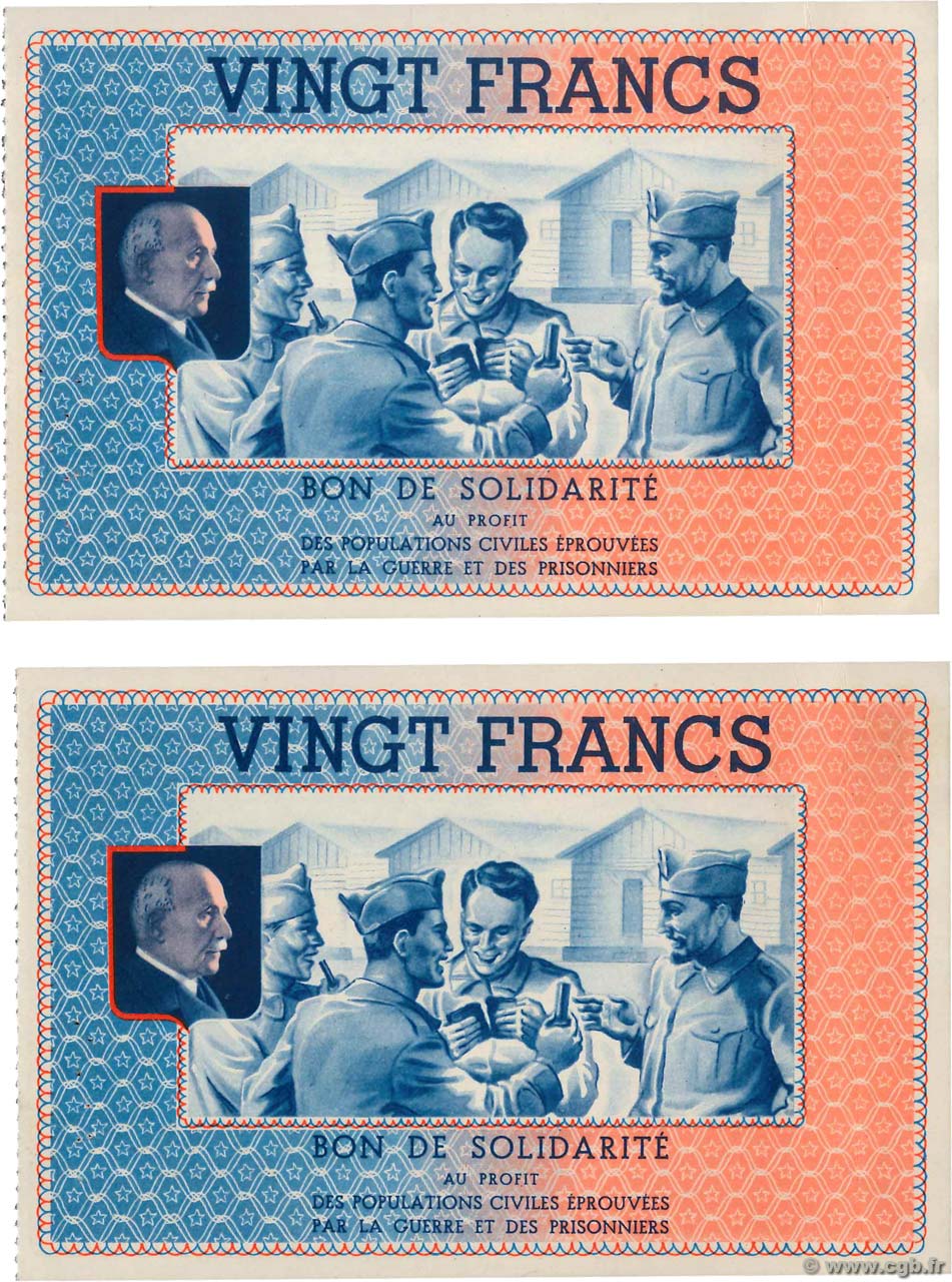 20 Francs BON DE SOLIDARITÉ Consécutifs FRANCE regionalism and various  1941 KL.08C3 XF