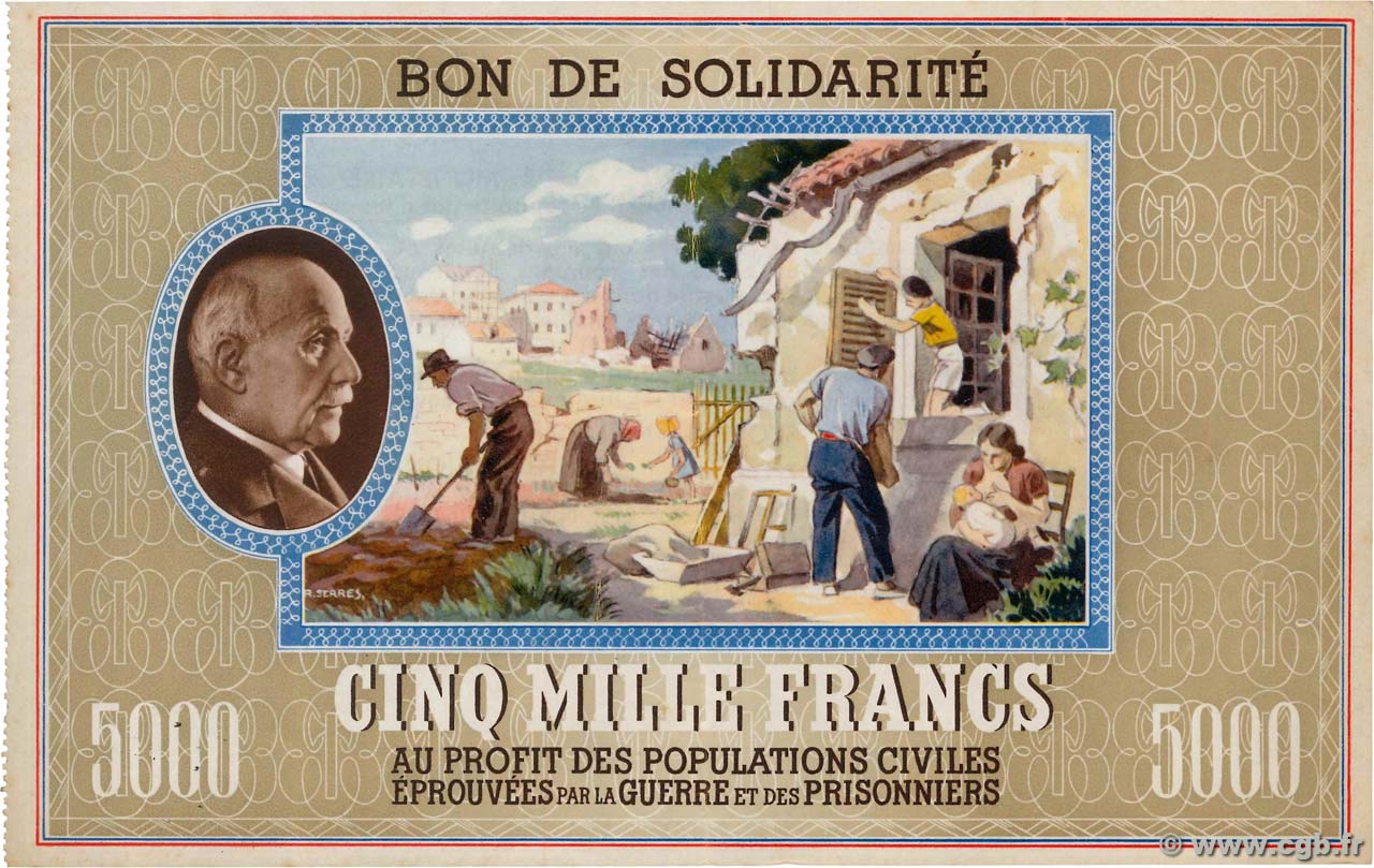 5000 Francs BON DE SOLIDARITÉ FRANCE regionalism and miscellaneous  1941 KL.13B XF+