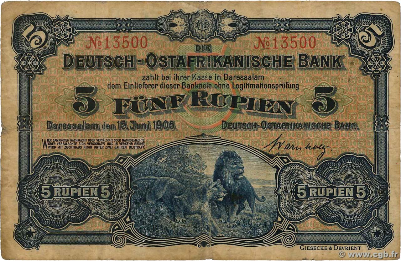 5 Rupien Deutsch Ostafrikanische Bank  1905 P.01 fS