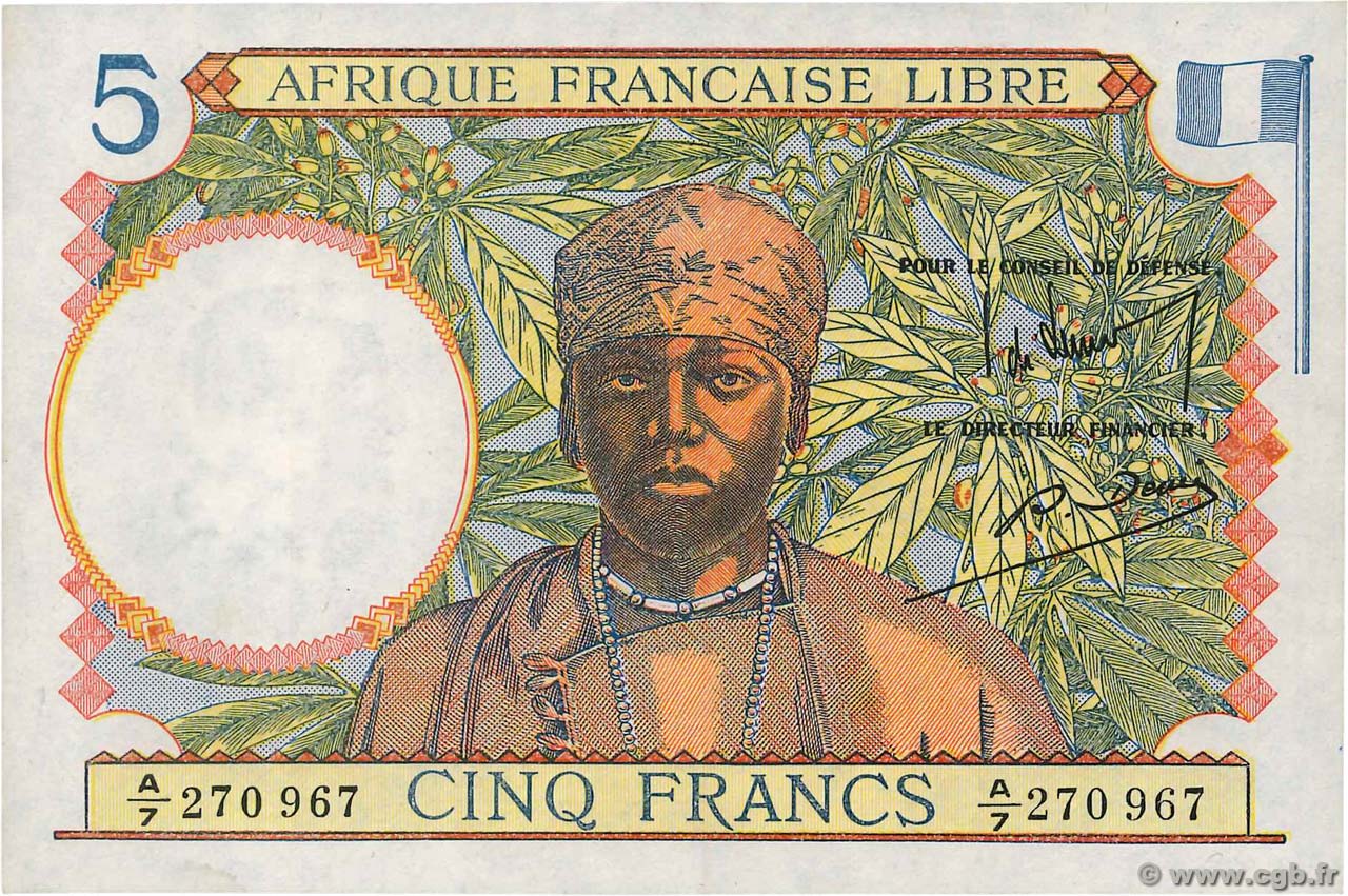 5 Francs FRENCH EQUATORIAL AFRICA Brazzaville 1941 P.06a UNC-