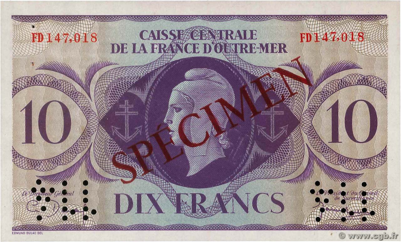 10 Francs Spécimen FRENCH EQUATORIAL AFRICA  1944 P.16as AU