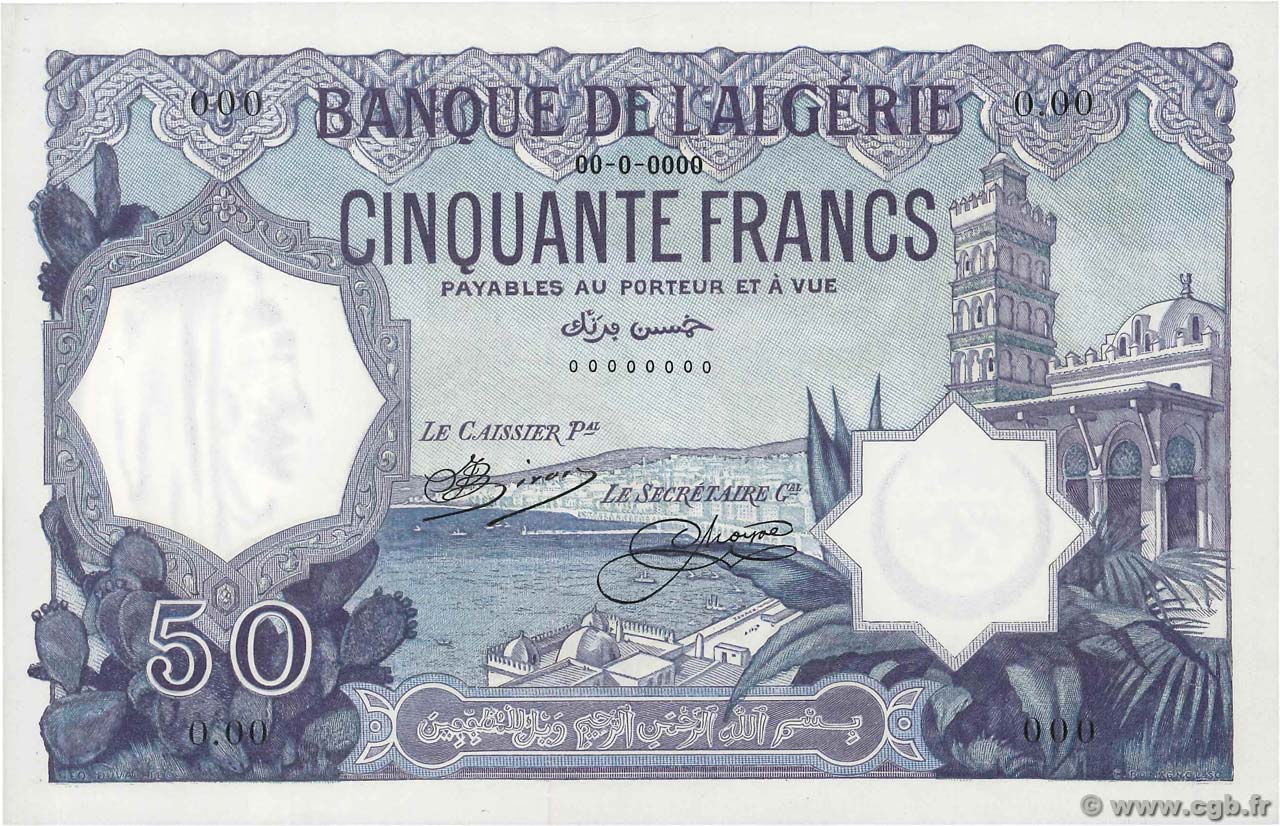 50 Francs Spécimen ALGERIA  1912 P.079s AU-