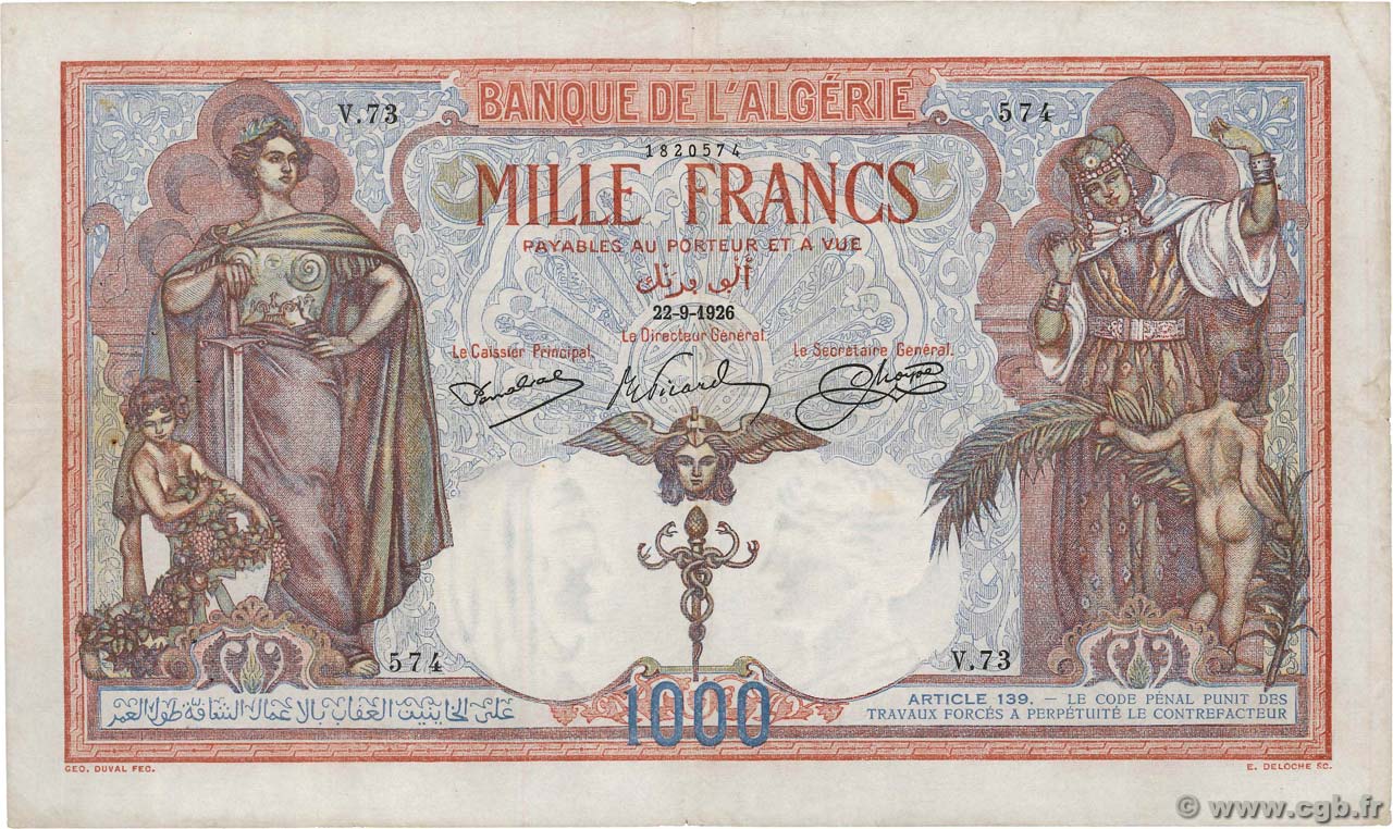 1000 Francs ALGERIA  1926 P.083a F+