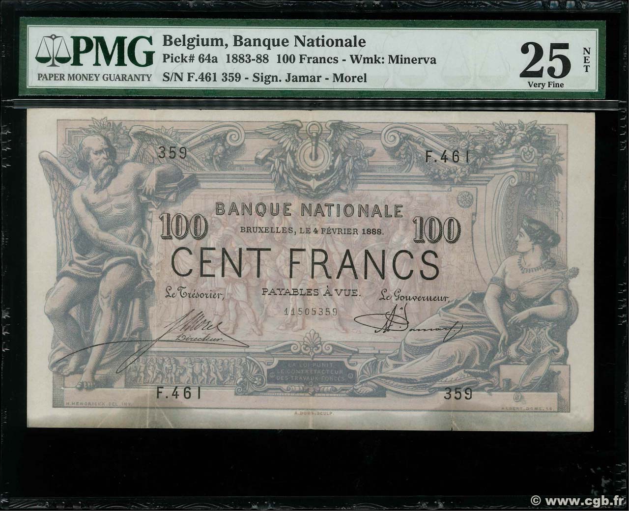 100 Francs BÉLGICA  1888 P.064a BC+
