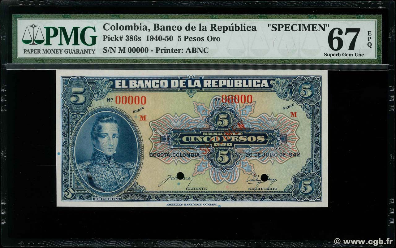 5 Pesos Oro Spécimen COLOMBIE  1942 P.386s NEUF