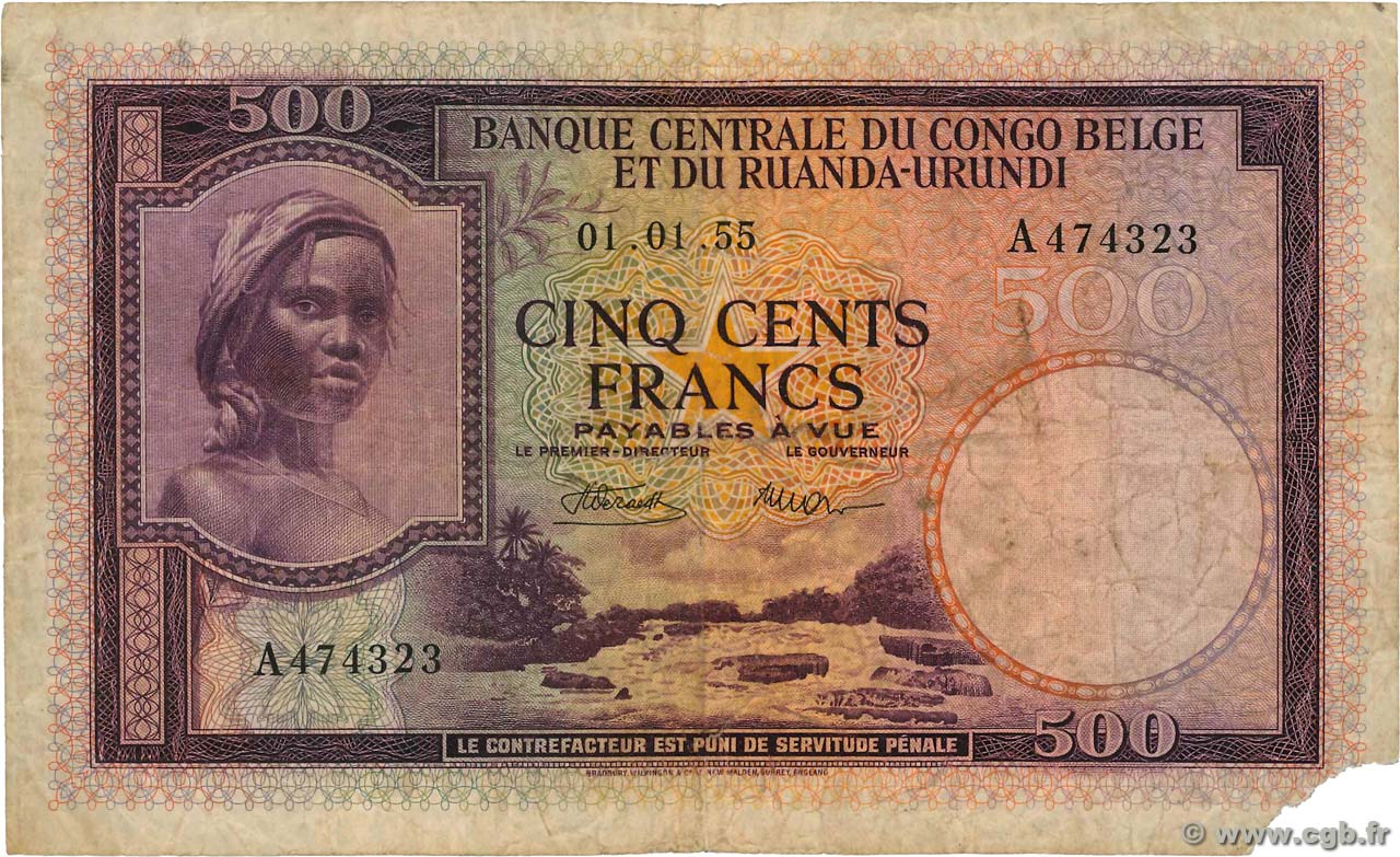 500 Francs BELGIAN CONGO  1955 P.28b G