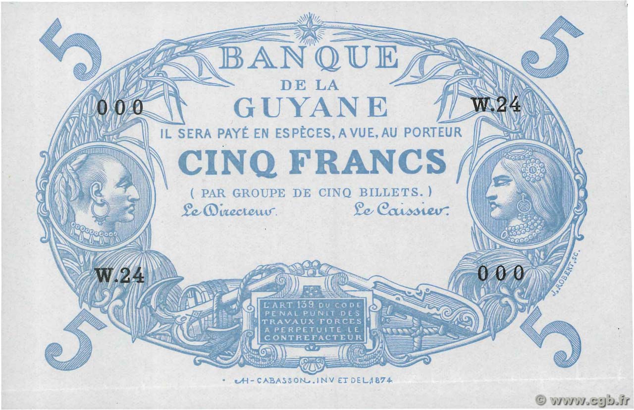 5 Francs Cabasson bleu Épreuve FRENCH GUIANA  1933 P.01s fST