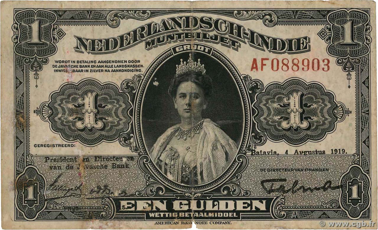 1 Gulden NETHERLANDS INDIES  1919 P.100a G
